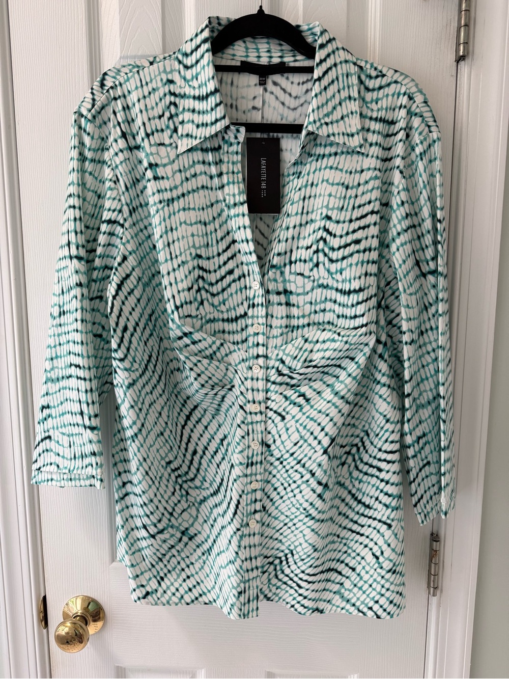 Lafayette 148 New York Green, Black and White Wave-Print Button-Down Shirt - Picture 3 of 10